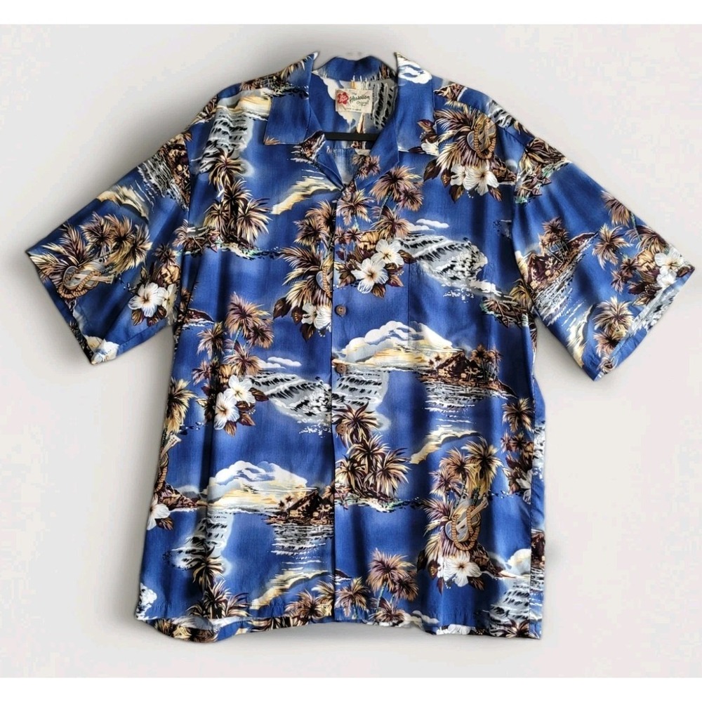 Vintage Hilo Hattie Hawaiian Shirt Mens XL Blue Tropical Scenic Aloha